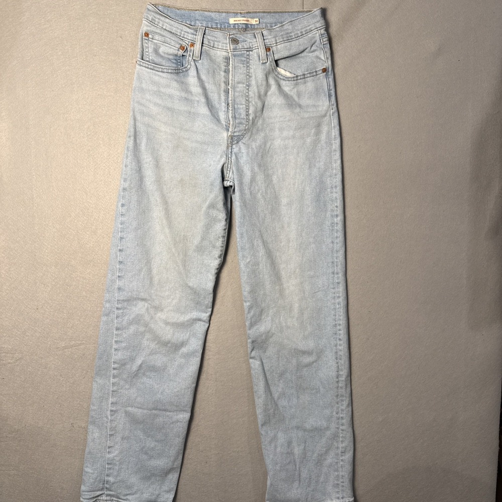 Levi's Button fly Ribcage Straight Jeans Women's 30 Light Blue High Rise Stain
